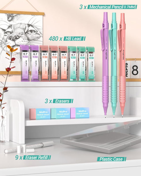 Nicpro 0.7 mm Mechanical Pencils Set with Case, 3PCS Metal Drafting Pencil, Pastel Mechanical Pencils 0.7 With 480 PCS HB Pencil Leads, 3 Erasers,...