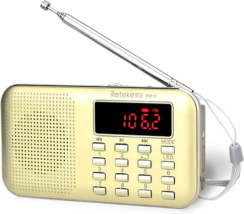 Retekess PR11 AM FM Radio Portable, Rechargeable Transistor Radios Small, with Headphone Jack MP3 Music Player Speaker Support Micro SD Card for O...