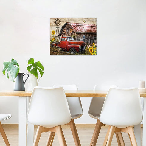 LB Rustic Farmhouse Canvas Wall Art Old Car and Cattle with Barn Framed Canvas Art Farm Cow and Sunflowers Canvas Wall Art Decor for Living Room B...
