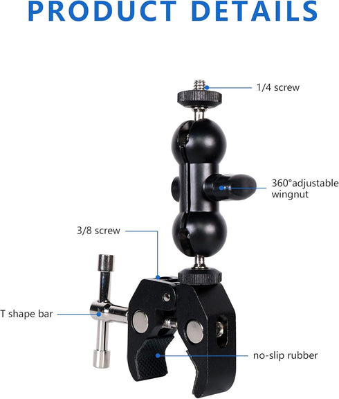 Cool Dual Ball head Magic Arm Adapter Camera Clamp Mount Super Clamp with 1/4 and 3/8 Thread, for DSLR Camera Rig, LED Light, Flash Light, Action ...