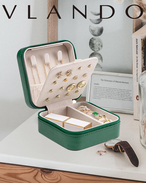 Vlando Travel Jewelry Case, Small Travel Jewelry Organizer Box for Girls Women - Dark Green...