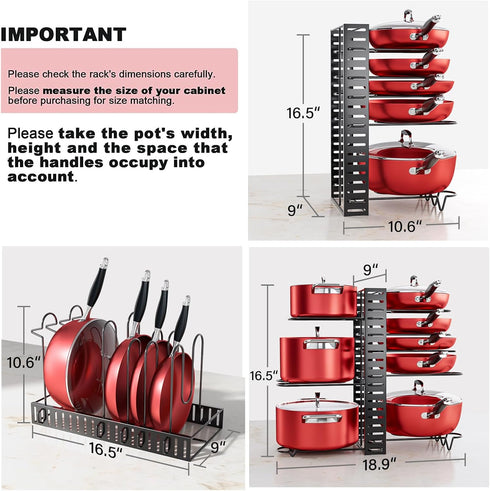 MUDEELA Pots and Pans Organizer Rack under Cabinet, 8-Tier Kitchen Organizers and Storage Pot Racks, Adjustable Pot Organizers inside Cabinet with...