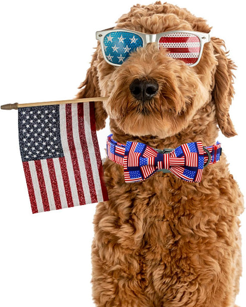 Elegant little tail Independence Day Dog Collar, Holiday Pet Collar with Bow Dog Durable Patriotic Dog Collars Pet Gift Adjustable Dog Collar for ...