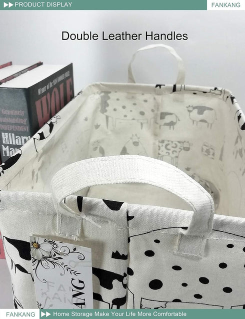 FANKANG Storage Basket,Nursery Hamper Canvas Laundry Basket Foldable with Waterproof PE Coating Storage, Office, Bedroom, Clothes,Toys(L, Rec-cows...