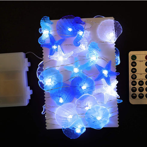 Nautical Theme Decorative String Lights,Sea Sand Dollars Seahorse Beach Lights Battery Operated with Remote 12.96 ft 36 Cold White LED for Covered...
