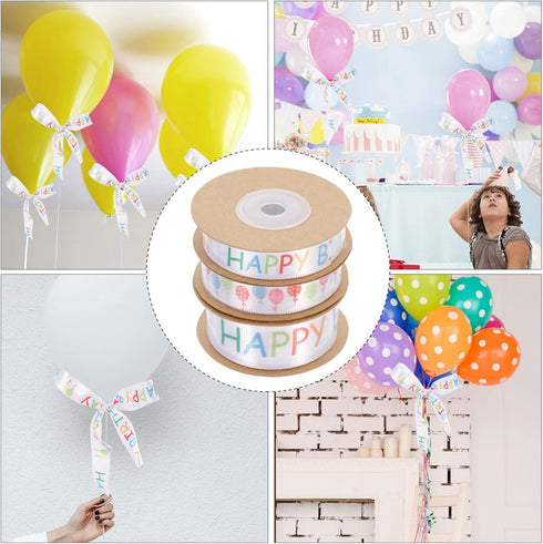 3 Rolls Happy Birthday Ribbon Roll Wide Satin Ribbon Happy Birthday Balloons Ribbon Wrapping Ribbon for Party Decoration...