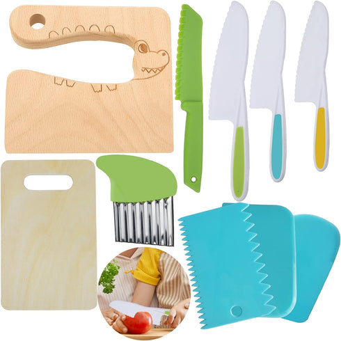 KOLODOGO 10 Pieces Wooden Kids Kitchen Knife Set, Include Wood Kids Knife Plastic Potato Slicers Cooking Knives Children's Safe Knifes Cake Scrape...