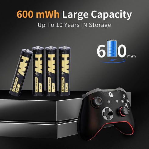 HW 4 Pack Type-C USB Rechargeable Lithium AAA Batteries, Long Lasting and Constant Output 1.5V, 40 Min Fast Charge, Over 1000 Cycles Triple a Batt...