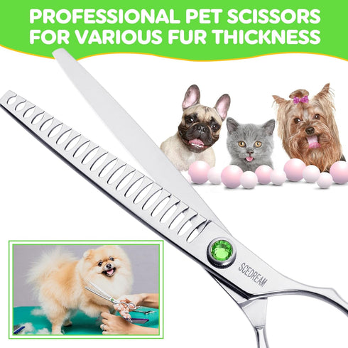 Dog Grooming Scissors 7.4" Thining Chunkers Shears Professional 440C Stainless Steel Pet Grooming Scissors with Offset Handle and Jewelled Screw, ...