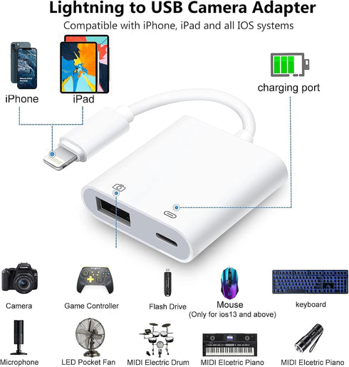 Lightning to USB Camera Adapter for iPhone with Lightning Charging Port USB 3.0 Female OTG Cable for iPad to Connect Card Reader USB Flash Drive U...