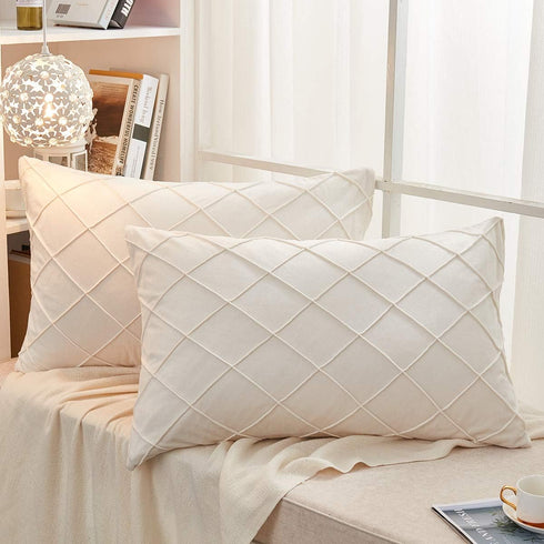 JAUXIO Diamond Pinch Pleated Crystal Velvet Pillowcases 2 Pack Solid Pintuck Throw Cushion Cover for Home Decor Hidden Zipper Closure (Cream, Stan...