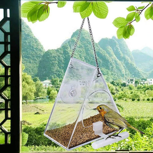 Hanging Bird Feeder, Clear Acrylic Window Birdfeeder with Chains, Squirrel Proof Decorate Triangle Outdoors Wild Bird Feeders for Finch, Warblers,...