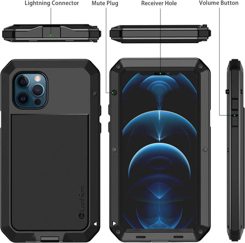 Lanhiem Metal Case for iPhone 12, iPhone 12 Pro, Heavy Duty Shockproof Tough Rugged Case with Built-in Glass Screen Protector, 360 Full Body Dust ...