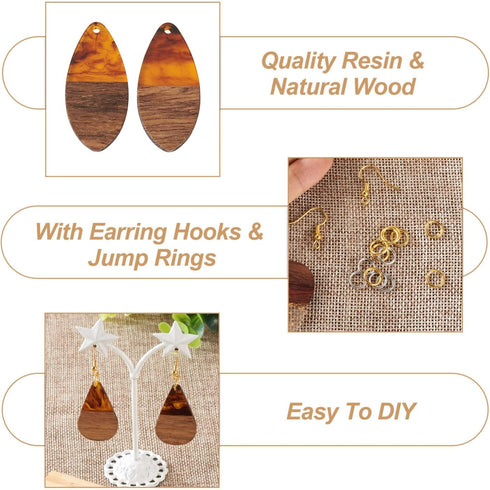 FASHEWELRY Resin Wood Earring Kit with 24Pcs Teardrop Wooden Resin Earring Charms Wood Earring Blanks Earring Findings Open Jump Rings French Earr...