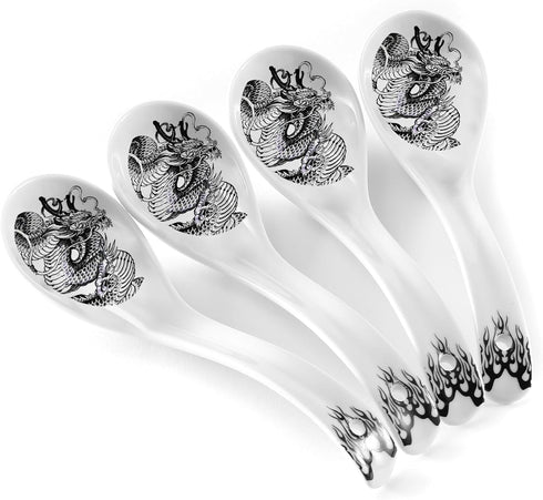 Dragon Ceramic Spoon Soup Spoons Asian Soup Spoon Chinese Korean Japanese Ramen Pho Miso Spoons Set of 4 with Hole 6.2 Inch...