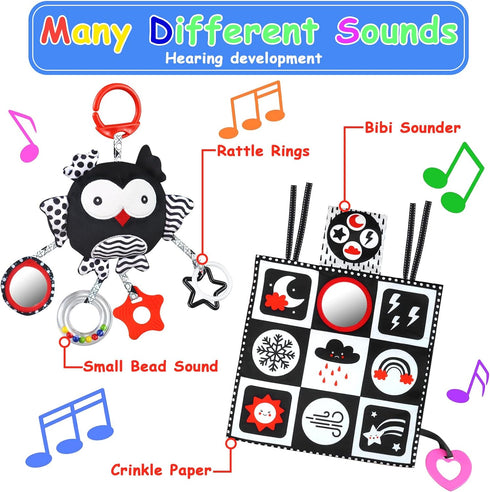 Black and White High Contrast Baby Toys 0-6 Months with Mirror, Crinkle and Rattles, Soft Baby Toys for Brain Development Montessori Sensory Tummy...