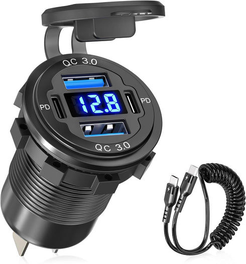 ?Upgraded Version? 78W 12V USB Outlet Qidoe 4 Port Dual 30W PD & Dual Quick Charge 3.0 Aluminum USB 12V Charger Socket with Voltmeter USB C to USB...