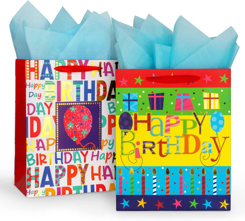 2-Pack 12.6" Large Happy Birthday Gift Bags for Birthday Party with Tissue Paper...