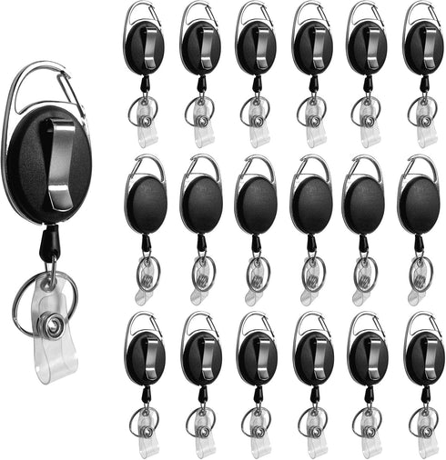 20 Pack Retractable Badge Holder with Carabiner Reel Clip, Bulk ID Card Key Holder with Ring, Heavy Duty Black Key Chain Extender for Office Work ...