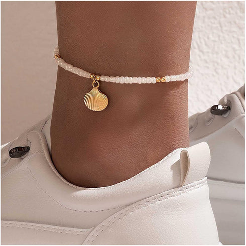 Boho Hippie Ankle Bracelets Scallop Pendant Ankle Bracelet Gold handmade Anklet Bracelet Vintage Seashell Chain Anklet White Rice Bead Anklet Foot...