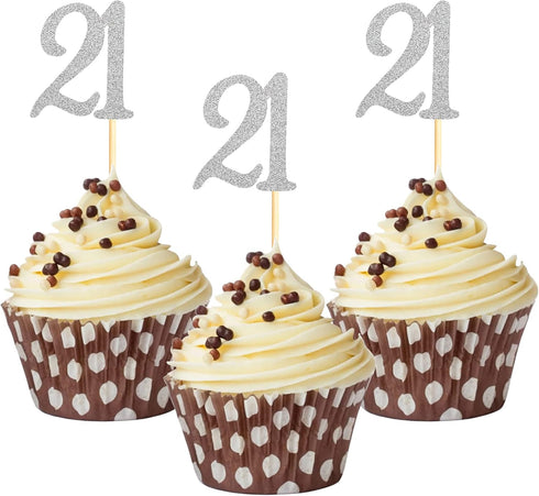 Sumerk 24PCS 21 Cupcake toppers Silver Glitter 21st Birthday Cupcake Picks Anniversary Party Decorations...