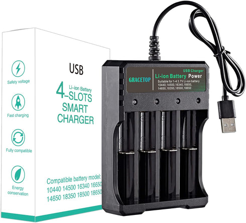ABUNRO 4-Slot 18650 Battery Charger, Universal 4 Bay Charger for 18650 14500 18500 16350 Li-ion Rechargeable Batteries (No Battery)...