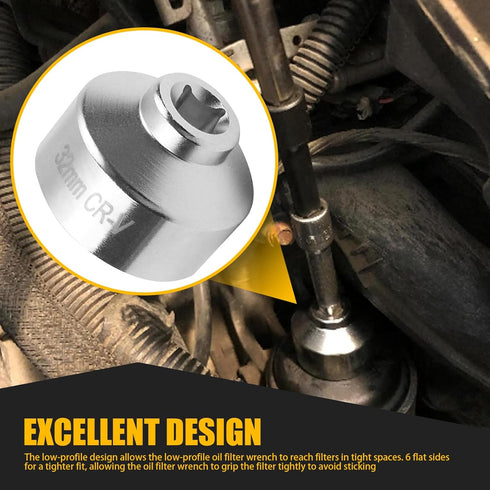 Pack-1 Car Oil Filter Wrench, 6-point 3/8" Low-profile Drive Oil Pan Filter Special Socket Wrench, for 32mm Oil Filter Cap, Universal Oil Pan Disa...