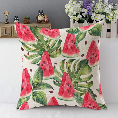 Mugod Slices of Watermelon Throw Pillow Exotic Tropical Fruit Leaves Seed Red Green Cotton Linen Square Cushion Cover Standard Pillowcase 18x18 In...