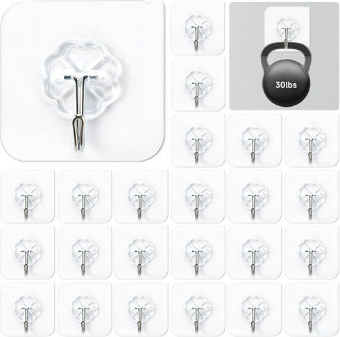 Mlici 24 Pack Clear Self-Adhesive Wall Hooks, 30lbs Heavy-Duty Sticky Hooks for Kitchen Bathroom, Without Nails Reusable Utility Hooks for Hanging...