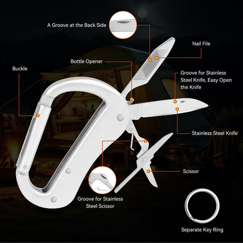 Multitool Carabiner with Pocket Knife, Bottle Opener,Nail file,Small Scissors,EDC Carabiners Keychain with Folding Knives,Auxiliary Tools for Camp...