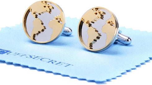 World Map Cufflinks - 3D Cut Stainless Steel with Gold Accents (Cufflinks Box Included)...