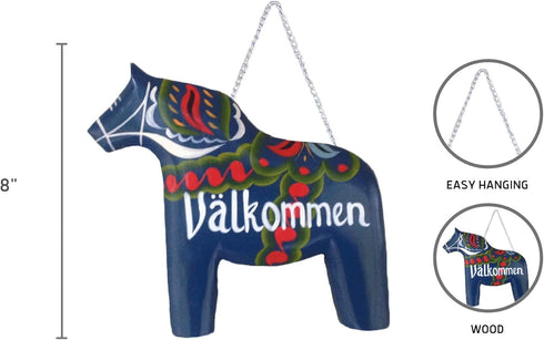 Swedish Themed Wood 8" Blue Dala Horse House Welcome Valkommen Sign with Artwork Decal & Hand Painted Accents | ScandinavianGiftOutlet...