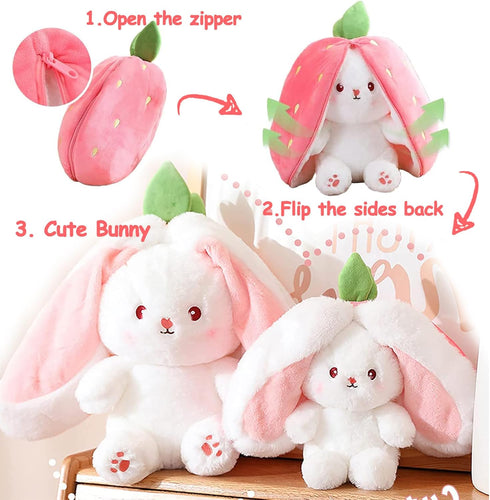 MIAODAM Bunny Stuffed Animal Reversible Cuddle Bunny Stuffed,Strawberry Bunny Transformed Rabbit Plush Zipper,Carrot That Turns Into Ears Bunnies ...