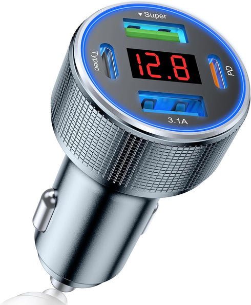 USB C Car Charger Adapter, 78W 4 Port Metal Car USB Charger with Voltmeter Dual USB C Car Phone Charger Fast Charging Type C Cigarette Lighter Ada...