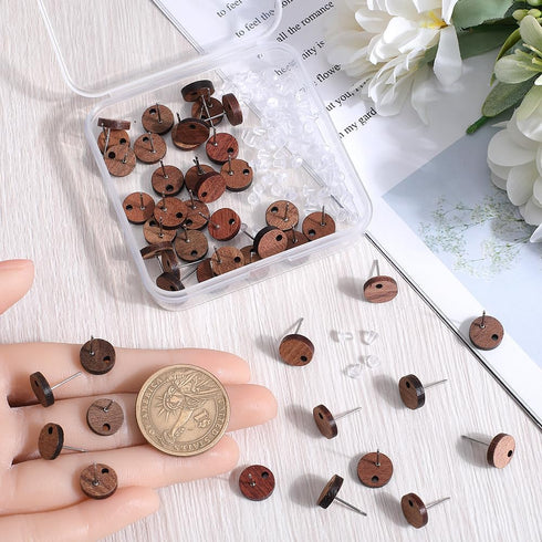 1 Box 50Pcs Wood Earring Stud Posts Wooden Earring Studs Blank Round Flat Pad Ear Studs with Ear Nuts and Loop Brown Earring Findings Posts for Je...