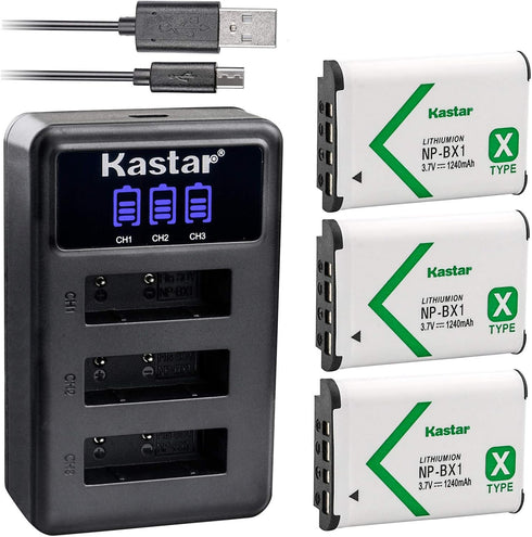 Kastar Battery x3 + Charger for Sony NP-BX1 HDR-AS200V HDR-AS30 HDR-AS300 HDR-AS50 HDR-CX240 HDR-CX405 HDR-CX440 HDR-GW66 HDR-GWP88 HDR-MV1 HDR-PJ...