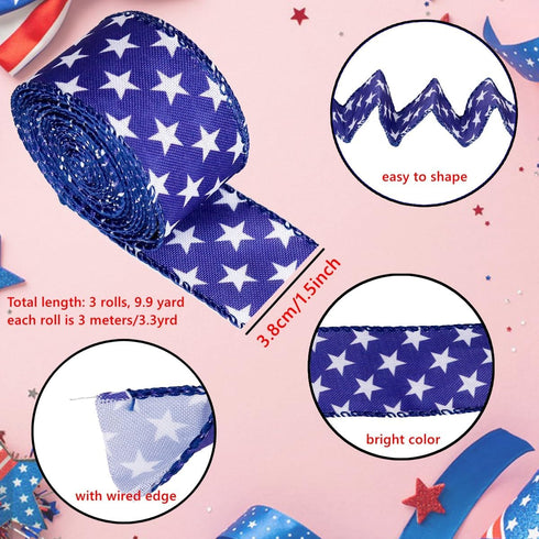 3 Rolls Patriotic Wired Edge Ribbon 9.9 Yard 4th of July Stars and Stripes Ribbons Red White Blue Ribbon for Wrapping Crafts Decoration, Independe...