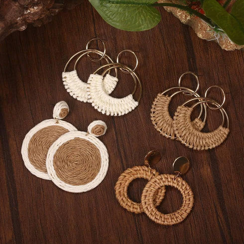 4 Pairs Handmade Raffia Rattan Bohemian Round Drop Dangle Earrings for Women, Boho Statement Cute Fun Hoop Earrings Set...