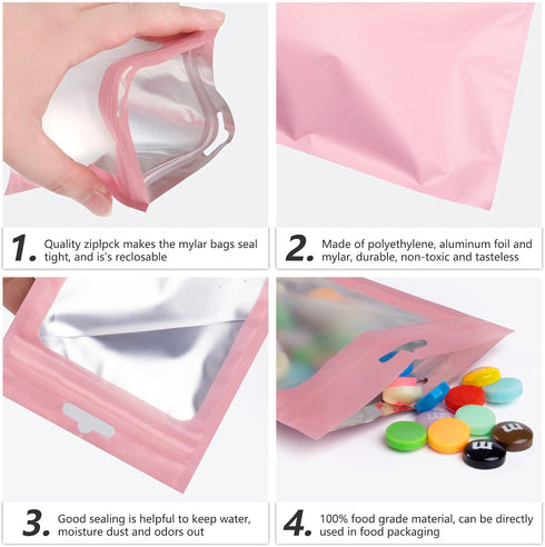 100 Pcs Resealable Mylar Bags with Clear Window Packaging Bags Foil Pouch Zipper Bag for Food Self Sealing Storage Supplies (Pink, 4.72x7.1 inches...
