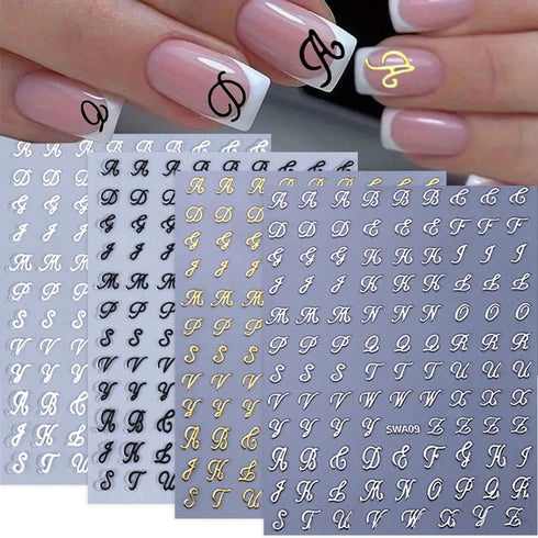 8 Sheets Retro English Letters Nail Stickers for Nail Art - Black White Gold Silver Retro English Nail Art Decals 3D Self-Adhesive Letter Nail Sti...