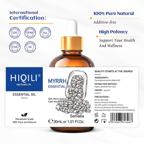 HIQILI Myrrh Essential Oil, for Skin, Masssge, Pain Relief, 100% Pure & Natural - 1.01 Fl Oz...