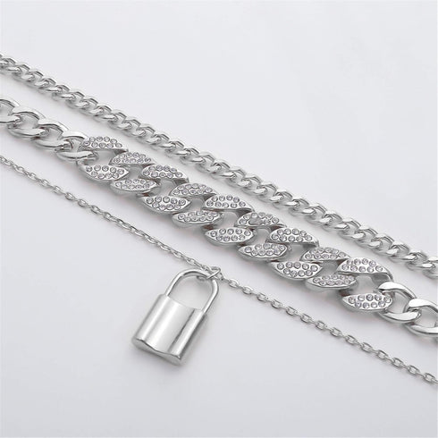 N/Q Layered Hip Hop Chunky Cuban Link Chain Rhinestone Beads Lock Pendant Necklace Bracelet for Women Girl Men Boy Shiny Crystal Bling Punk Cool U...