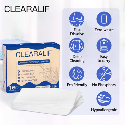 CLEARALIF Laundry Detergent Sheets Up to 160 Loads, Fresh Linen - Great For Travel,Apartments, Dorms,Laundry Detergent Strips Eco Friendly & Hypoa...