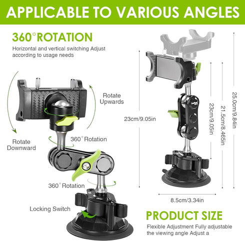 Suction Cup Holder Phone Mount Car 360° Rotating,Universal Ball Head Arm for Phone Car Holder Video Recording Vlog Ballhead Magic Arm Cell Phone f...