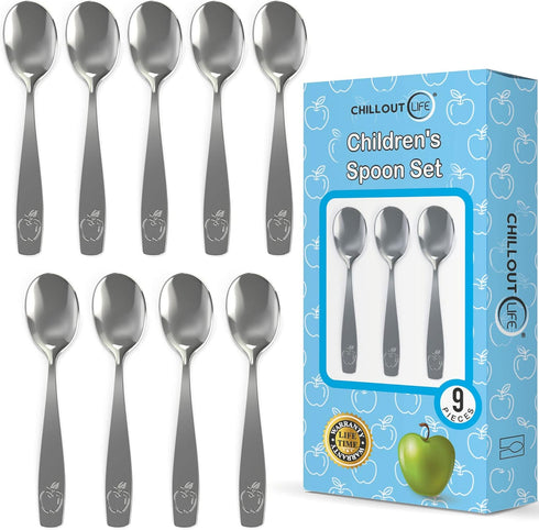9 Piece Stainless Steel Kids Spoons - Child and Toddler Safe Flatware - Kids Utensil Set - Metal Kid Cutlery Set, Dinner Spoon Set for Dessert - I...