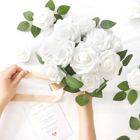 DerBlue 60pcs Artificial Roses Flowers with stem and 10pcs Green Leaves Real Looking Fake Roses Artificial Foam Roses Decoration DIY for Wedding,A...