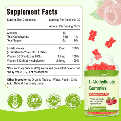 Sugar Free L-Methylfolate 15mg Gummies with Methyl B12, Folate Supplement for Mood, Brain Health, Immune Support - Raspberry Flavor, 60 Count...