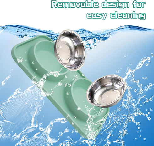 Double Dog Food Bowls Stainless Steel with No Spill Non Skid Silicone Mat Removable Dog Water and Food Bowls Set Durable Feeding Bowls for Small D...