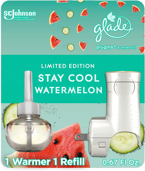 Glade PlugIns Refills Air Freshener Starter Kit, Scented and Essential Oils for Home and Bathroom, Stay Cool Watermelon, 0.67 Fl Oz, 1 Warmer + 1 ...