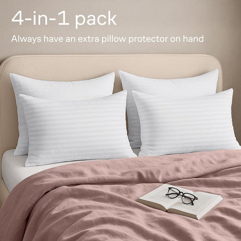 Set of 4 Pillow Protectors with Zipper Standard Size - 100% Resistant to Stains, Dust & Dirt - Washable Covers for Increased Pillow Lifespan...